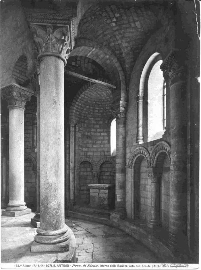 S. Antimo - Prov. Siena. Interno della Basilica visto dall' Abside. (Architettura cistercense.)