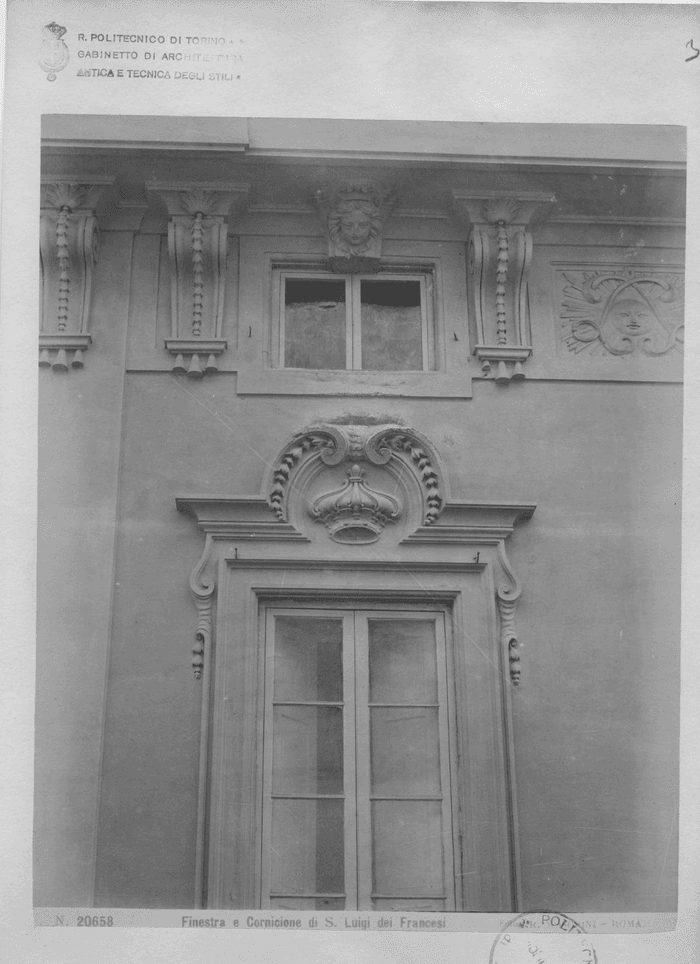 Finestra e cornicione di S. Luigi dei Francesi - Fotog. R. Moscioni - Roma