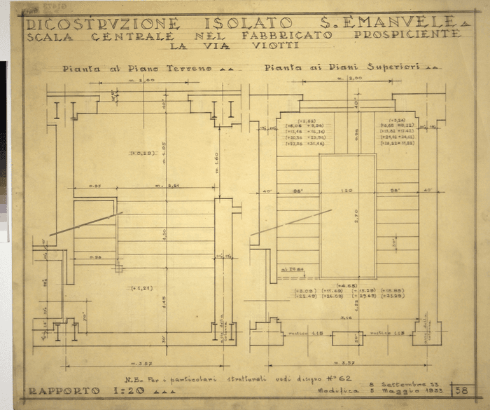 RICOSTRUZIONE ISOLATO S. EMANUELE -/SCALA CENTRALE NEL FABBRICATO PROSPICIENTE/LA VIA VIOTTI