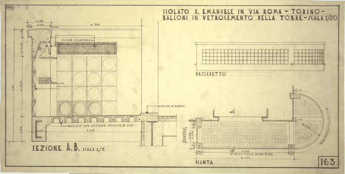 ISOLATO S. EMANUELE. IN VIA ROMA - TORINO -/BALCONI IN VETROCEMENTO DELLA TORRE - SCALA 1/20