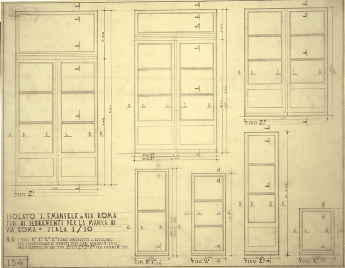 ISOLATO DI S. EMANUELE IN VIA ROMA/TIPI DI SERRAMENTI PER LA MANICA DI/VIA ROMA - SCALA 1/10