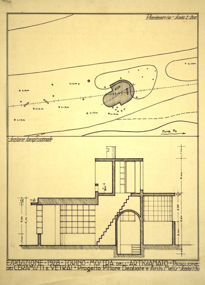 ESPOSIZIONE * 1928 * TORINO * MOSTRA DELL'ARTIGIANATO * PADIGLIONE/DEI CERAMISTI E VETRAI * progetto pittore Deabate e architetto Melis