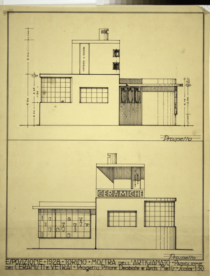 ESPOSIZIONE * 1928 * TORINO * MOSTRA DELL'ARTIGIANATO * PADIGLIONE/DEI CERAMISTI E VETRAI * progetto pittore Deabate e architetto Melis