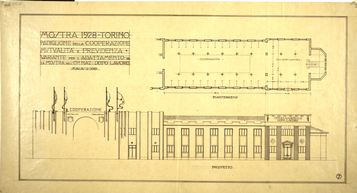 MOSTRA 1928 - TORINO/PADIGLIONE DELLA COOPERAZIONE/MUTUALITA' E PREVIDENZA/VARIANTE PER L'ADATTEMANTO DE/LA MOSTRA DELL'OP. NAZ. DOPOLAVORO