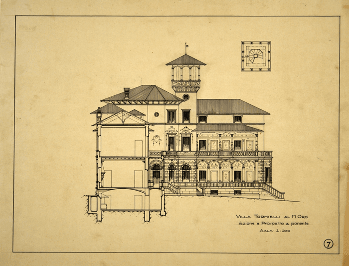 VILLA TORNIELLI AL M. ORO/sezione prospetto a ponente/SCALA 1: 100