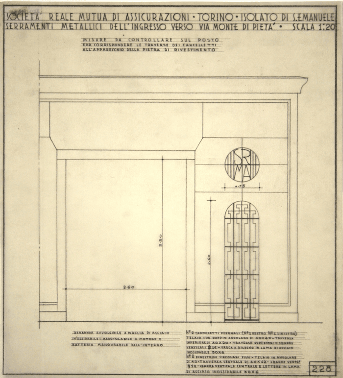 SOCIETA' REALE MUTUA DI ASSICURAZIONI - TORINO - ISOLATO S. EMANUELE/SERRAMENTI METALLICI DELL'INGRESSO VERSO VIA MONTA DI PIETA' - SCALA 1: 20