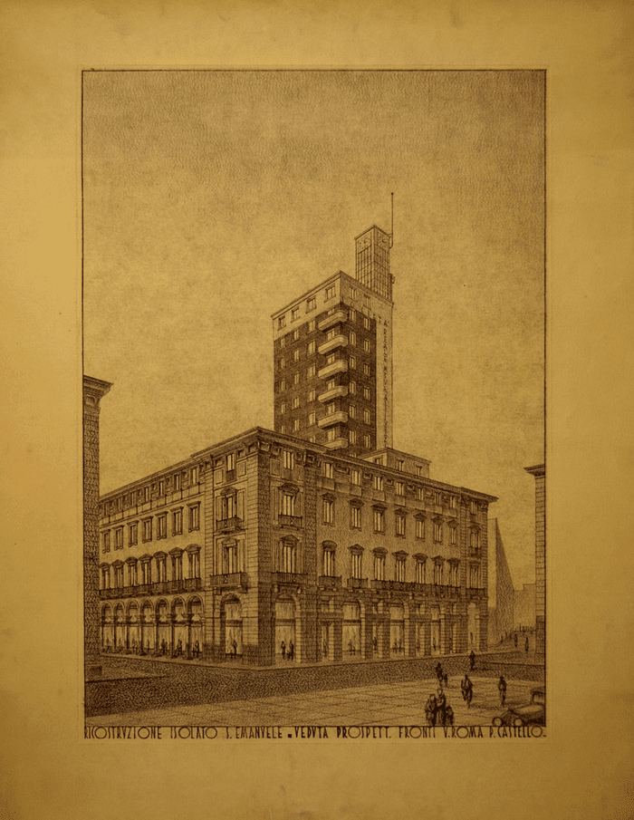 RICOSTRUZIONE ISOLATO S. EMANUELE - VEDUTA PROSPETT. FRONTI V. ROMA P. CASTELLO