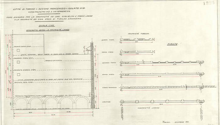 CITTA' DI TORINO - SEZIONE MONCENISIO - ISOLATO N° 89. / CORSO PALESTRO N° 7 E VIA PERRONE N° 8. / MURO DIVISORIO FRA LA PROPRIETA' DEI SIGG. GUGLIELMO E MARIO LANGE / E LA PROPRIETA' DEI SIGG. EREDI DI TIBOLDO SECONDINO.