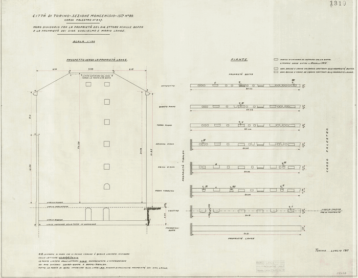 CITTA' DI TORINO - SEZIONE MONCENISIO - ISOLATO N° 89. / CORSO PALESTRO N° 9 e 7. / MURO DIVISORIO FRA LA PROPRIETA' DEL SIG. ETTORE ACHILLE BOFFA E LA PROPRIETA' DEI SIGG. GUGLIELMO E MARIO LANGE.