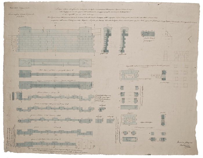 Lavori accessori al ponte sul Po a Torino. Disegni relativi all'apparecchio delle pietre da taglio in rivestimento della porzione superiore del muro di rampa della lunghezza di metri 13 a partire dall'isolamento e compreso il parapetto, [...]