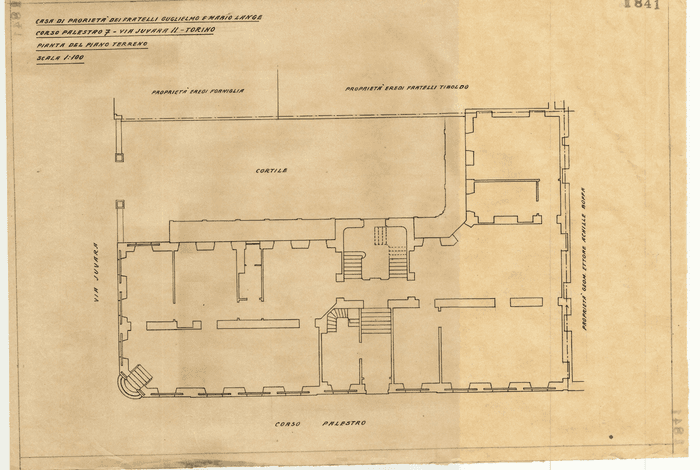 CASA DI PROPRIETA' DEI FRATELLI GUGLIELMO e MARIO LANGE / CORSO PALESTRO 7 - VIA JUVARRA 11 - TORINO / PIANTA DEL PIANO TERRENO