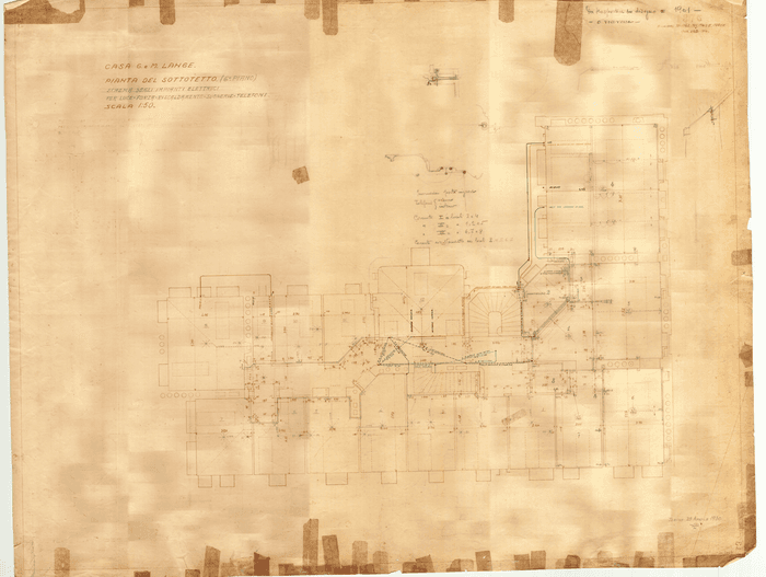 CASA G. e M. LANGE / PIANTA DEL SOTTOTETTO / SCHEMA CONDUTTURE ELETTRICHE E TELEFONICHE INTERNE E GAS.