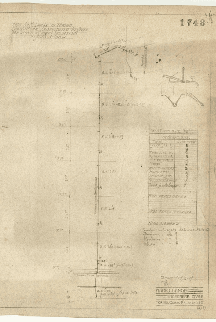 CASA G. e M. LANGE IN TORINO / CONDUTTURA PROVVISORIA IN FERRO / PER ACQUA AI PIANI SUPERIORI