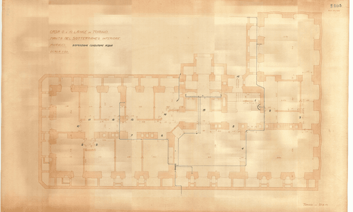 CASA G. e M. LANGE IN TORINO / PIANTA DEL SOTTERRANEO INFERIORE. / MURICCI. DISPOSIZIONE CONDUTTURE ACQUA