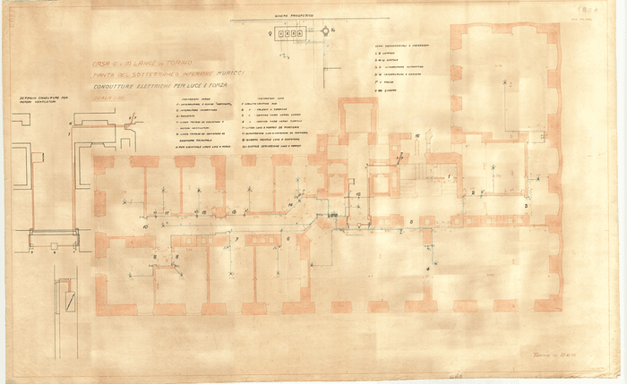 CASA G. e M. LANGE IN TORINO / PIANTA DEL SOTTERRANEO INFERIORE. MURICCI / CONDUTTURE ELETTRICHE PER LUCE E FORZA