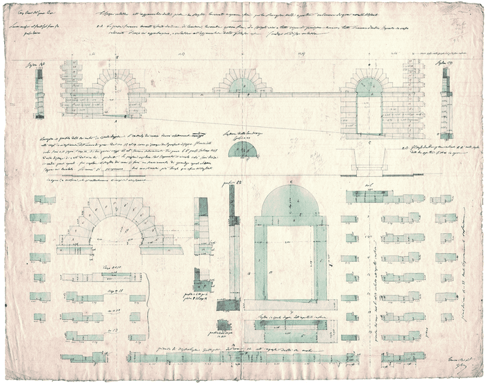 Lavori accessori al ponte sul Po a Torino. Disegni relativi all'apparecchio delle pietre da taglio lavorate a grana fina per la formazione delle aperture relative al quai a valle del ponte