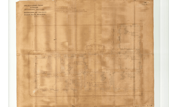 CASA G. e M. LANGE IN TORINO / PIANTA DEL SOTTERRANEO SUPERIORE / DISPOSIZIONE DEI PALCHETTI / IN LEGNO ROVERE ASFALTATO