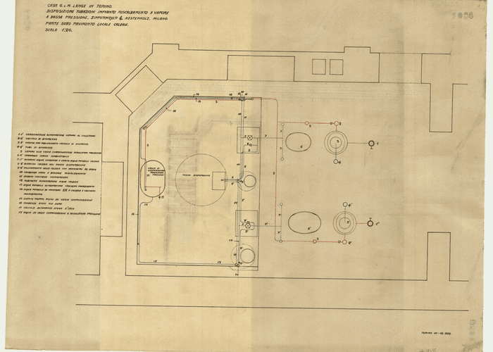 CASA G. e M. LANGE IN TORINO / DISPOSIZIONE TUBAZIONI IMPIANTO RISCALDAMENTO A VAPORE / A BASSA PRESSIONE. ZIPPERMAYR & KESTENHOLZ. MILANO. / PARTE SOTTO PAVIMENTO LOCALE CALDAIE.