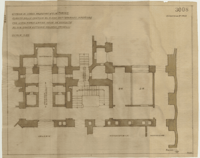 STABILE DI CORSO PALESTRO n° 7 IN TORINO / PIANTA DELLA CANTINA AL PIANO SOTTERRANEO INFERIORE / CHE L'ING. MARIO LANGE CEDE IN VENDITA / AL SIG. CONTE VITTORIO PALAZZI TRIVELLI