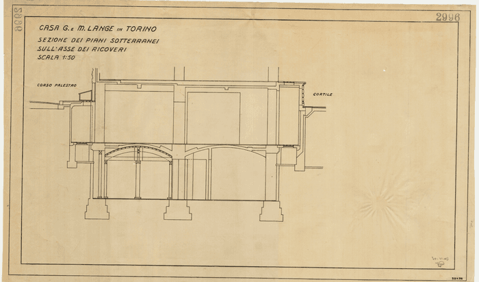 CASA G. e M. LANGE - TORINO / SEZIONE DEI PIANI SOTTERRANEI / SULL'ASSE DEI RICOVERI