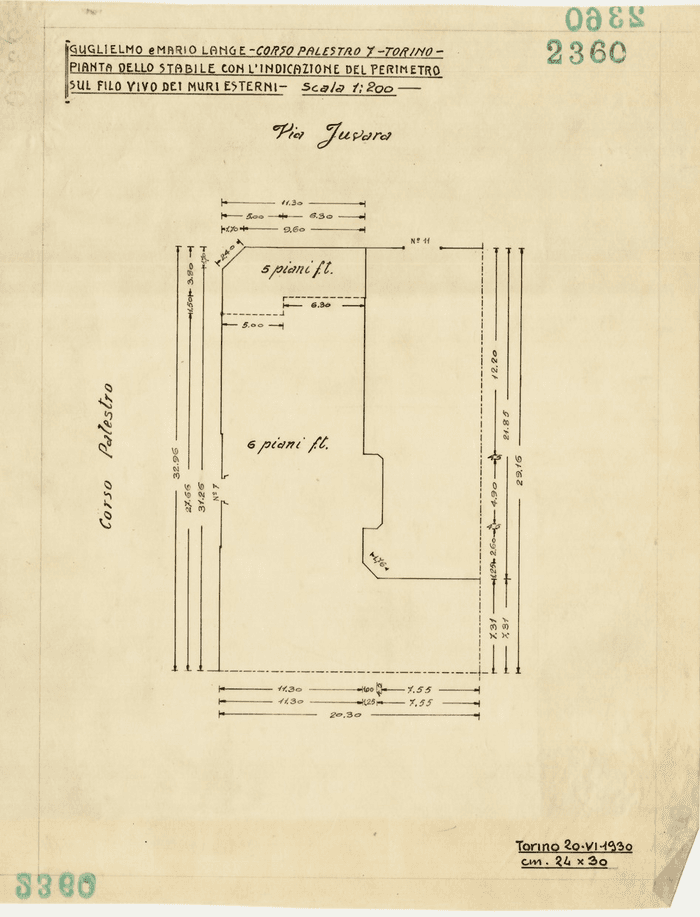 GUGLIELMO e MARIO LANGE - CORSO PALESTRO 7 - TORINO / PIANTA DELLO STABILE CON L'INDICAZIONE DEL PERIMETRO / SUL FILO VIVO DEI MURI ESTERNI