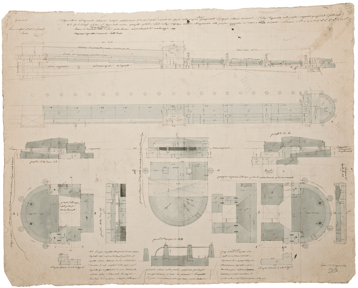 Lavori accessori al ponte sul Po a Torino. Disegni relativi all'apparecchio delle pietre da taglio per il finimento del muro di quai a monte del ponte nella porzione inclinata prospiciente il piazzale Vittorio Emanuele