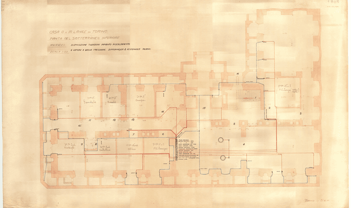 CASA G. e M. LANGE IN TORINO / PIANTA DEL SOTTERRANEO INFERIORE / MURICCI