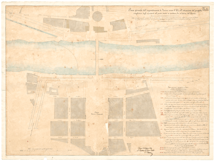 Piano generale dell'ingrandimento di Torino verso il Po, coll'indicazione del progetto/complessivo degli accessorii al ponte, tanto a sinistra che a destra del fiume. N. 1