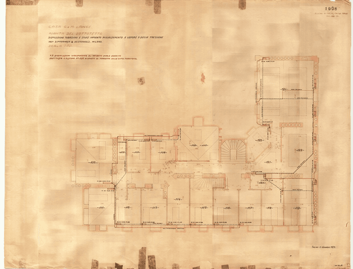 CASA G. e M. LANGE / PIANTA DEL SOTTOTETTO / DISPOSIZIONE TUBAZIONI E STUFE IMPIANTO RISCALDAMENTO A VAPORE A BASSA PRESSIONE / ING.RI ZIPPERMAYR & KESTENHOLZ. MILANO