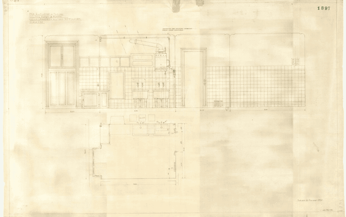 CASA G. e M. LANGE IN TORINO / SVILUPPO PARETI E PIANTA / CUCINA LAVANDERIA ALLOGGIO 5° P° SUD-EST