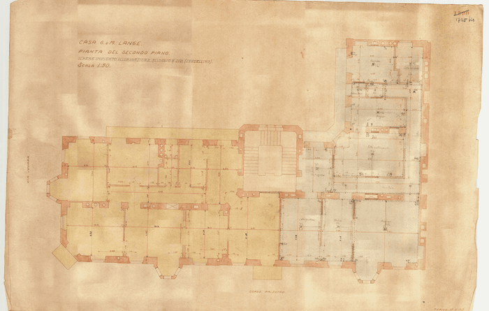 CASA G. e M. LANGE / PIANTA DEL SECONDO PIANO / SCHEMA IMPIANTO ILLUMINAZIONE ALLOGGIO A SUD (CARDELLINO)