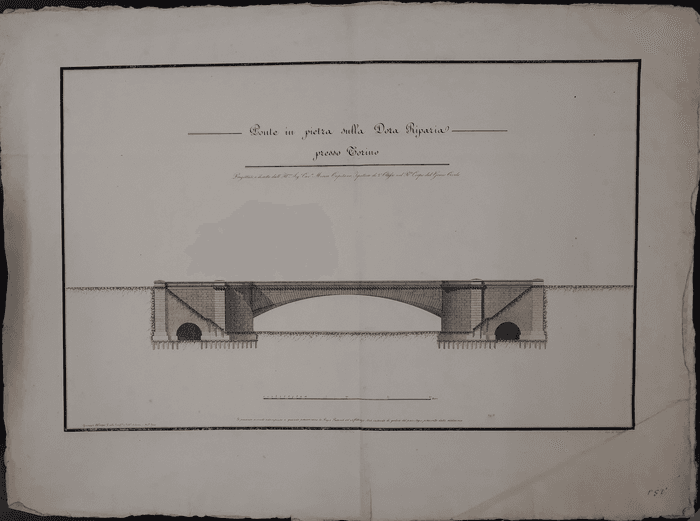Pianta ed armatura del Ponte in pietra sulla Dora Riparia. Progettato e diretto dall' Ill.mo Sig. Cav. Mosca Capitano, Ispettore di 2° classe nel R. Corpo del Genio Civile.