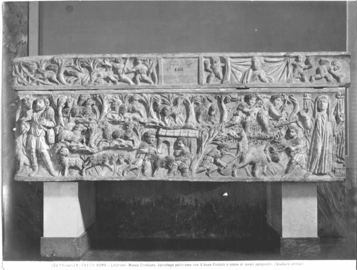 Roma - Laterano - Museo Cristiano. Sarcofago policromo con il Buon pastore e scene di lavori campestri (scultura antica)