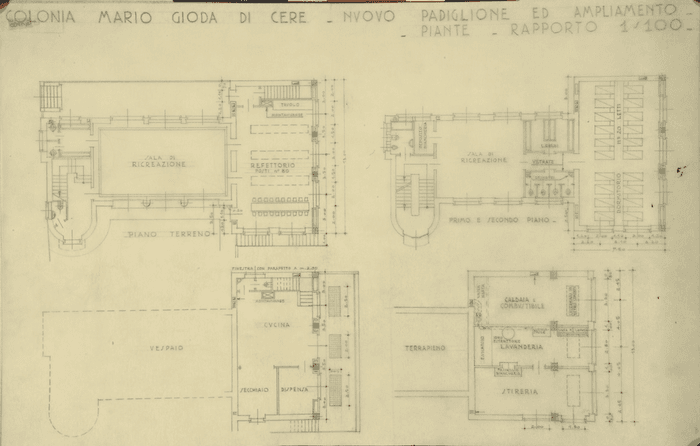 COLONIA MARIO GIODA DI CERES - NUOVO PADIGLIONE ED AMPLIAMENTO -/- PIANTE - RAPPORTO 1/100