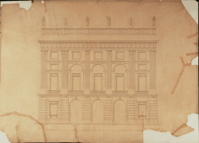 PROSPETTO DELL'AVANCORPO RIVOLTO A PONENTE DELLA FABBRICA PROPOSTA IN AMPLIAZIONE DEL PALAZZO MADAMA PER LA SEDE DEGLI UFFIZI DEL SENATO DEL (testo mancante)