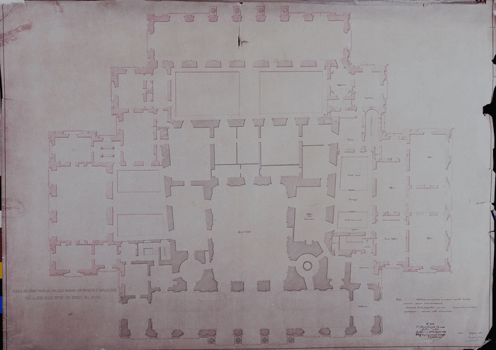 PIANTA DEL PRIMO PIANO DEL PALAZZO MADAMA CON PROGETTO D'AMPLIAZIONE / PER LA SEDE DEGLI UFFIZI DEL SENATO DEL REGNO