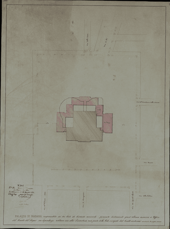PALAZZO DI MADAMA ingrandito ai tre lati di levante, mezzodì, e ponente destinando quest'aultima manica a Uffizi/del Senato del Regno e sue dipendenze, e restiruire così alla Pinacoteca una parte delle Sale occupate dal Senato medesimo aumentandole..