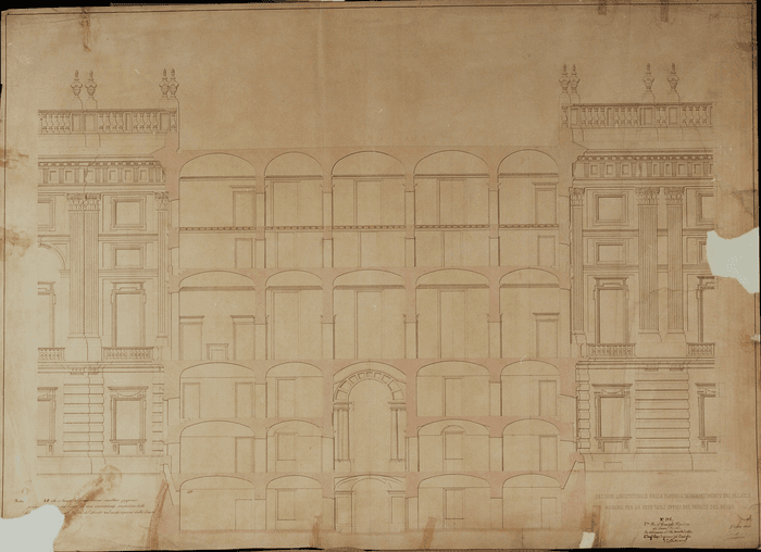 SEZIONE LONGITUDINALE DELLA FABBRICA IN INGRANDIMENTO DEL PALAZZO/MADAMA PER LA SEDE DEGLI UFFIZI DEL SENATO DEL REGNO
