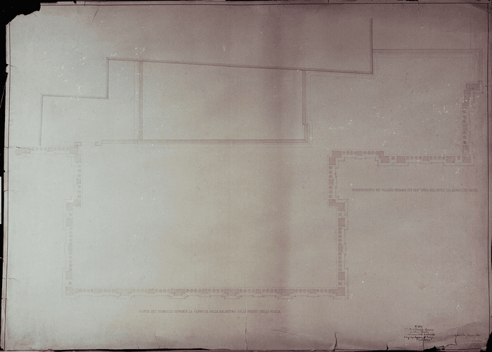INGRANDIMENTO DEL PALAZZO MADAMA PER FAR LUOGO AGLI UFFIZI DEL SENATO DEL REGNO / PIANTA DEL TERRAZZO DEL PALAZZO MADAMA COPRENTE LA FABBRICA COLLA BALAUSTRA SULLE FRONTI DELLA PIAZZA