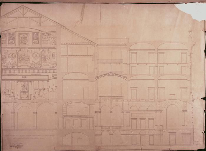 SEZIONE TRAVERSA DELLA PROPOSTA FABBRICA IN INGRANDIMENTO DEL PALAZZO MADAMA / PER LA SEDE DEGLI UFFIZI DEL SENATO DEL REGNO