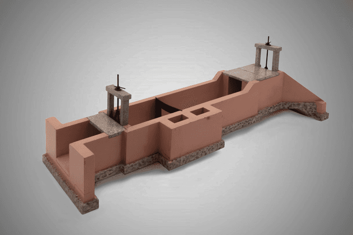 Modello di edificio derivatore con modulatore a battente a luce rigurgitata in uso presso l'Amministrazione dei canali demaniali - Collezione Curioni