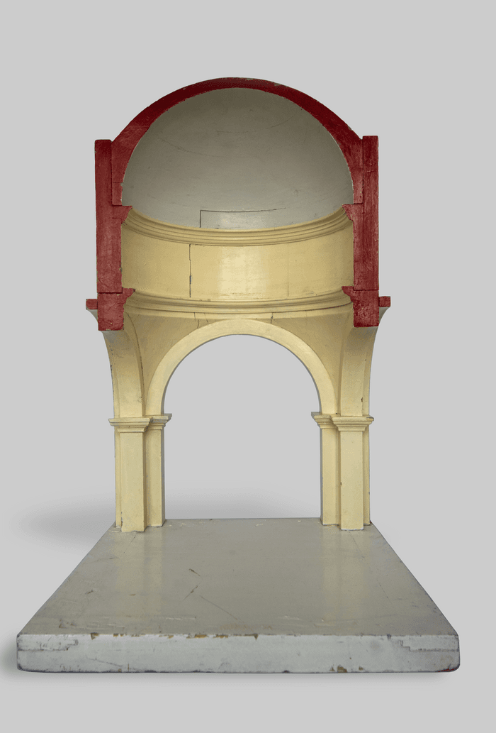 Modello di volta a cupola composta su pianta circolare quadrata con cupola sferica - Collezione Curioni
