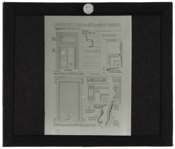 Non identificato, disegno, comparazione tra portale greco e romano
