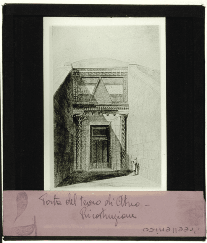 Grecia, Micene, porta del tesoro di Atreo ( o tomba di Agamennone), disegno